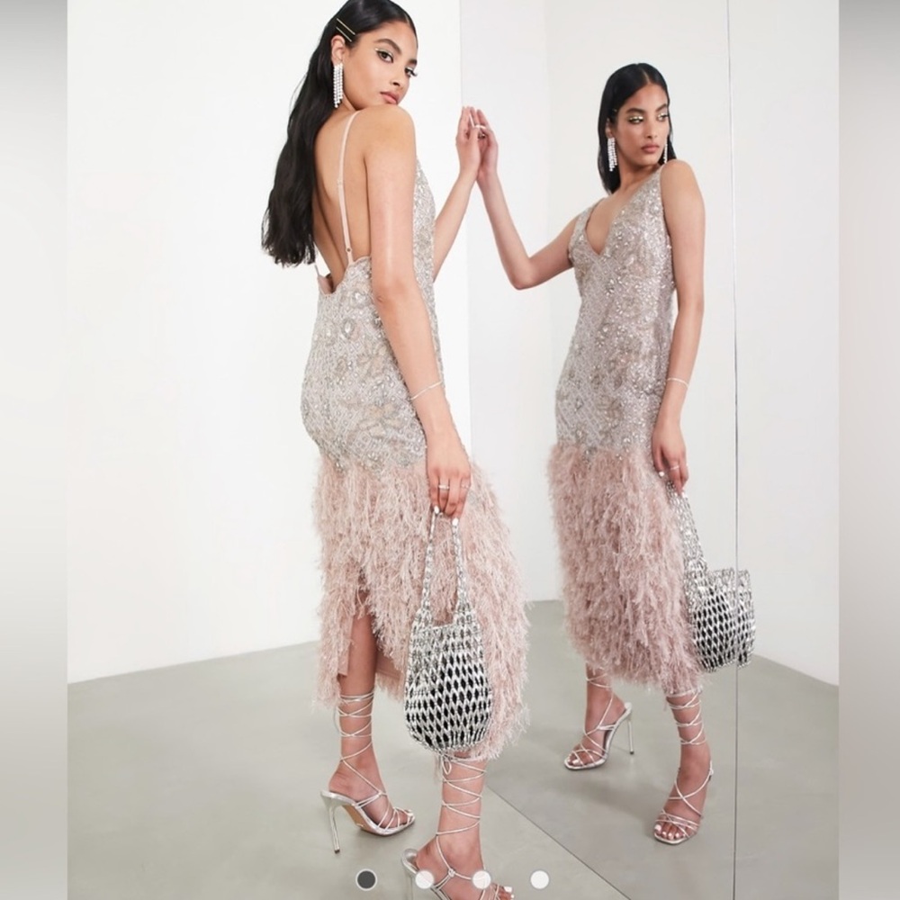 ASOS Backless Sequin and Feather Dress in Silver and Cream